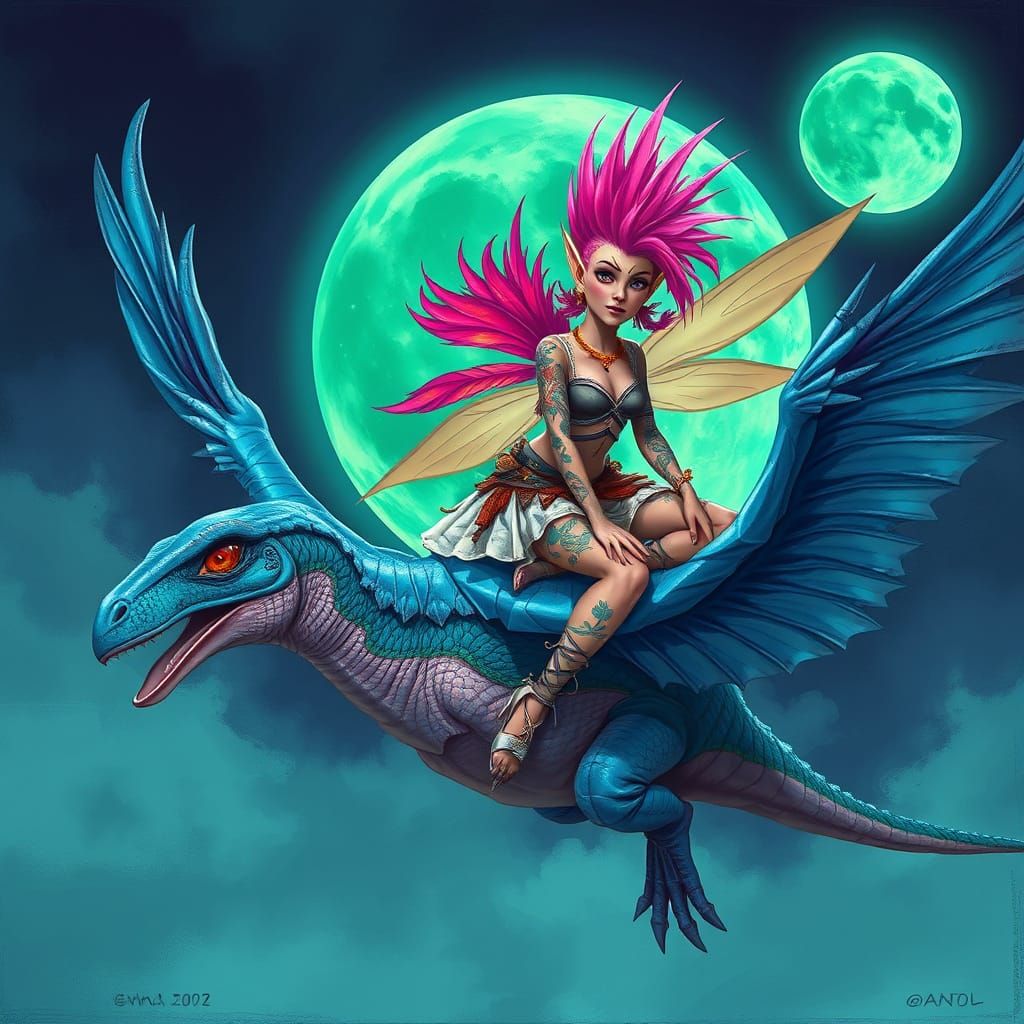 Fairy Riding Pterodactylus Under Green Moon, Digital Art