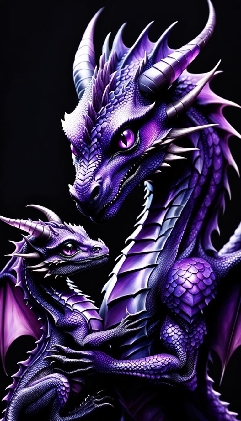 Regal Dark Purple Dragoness and Cherished Infant