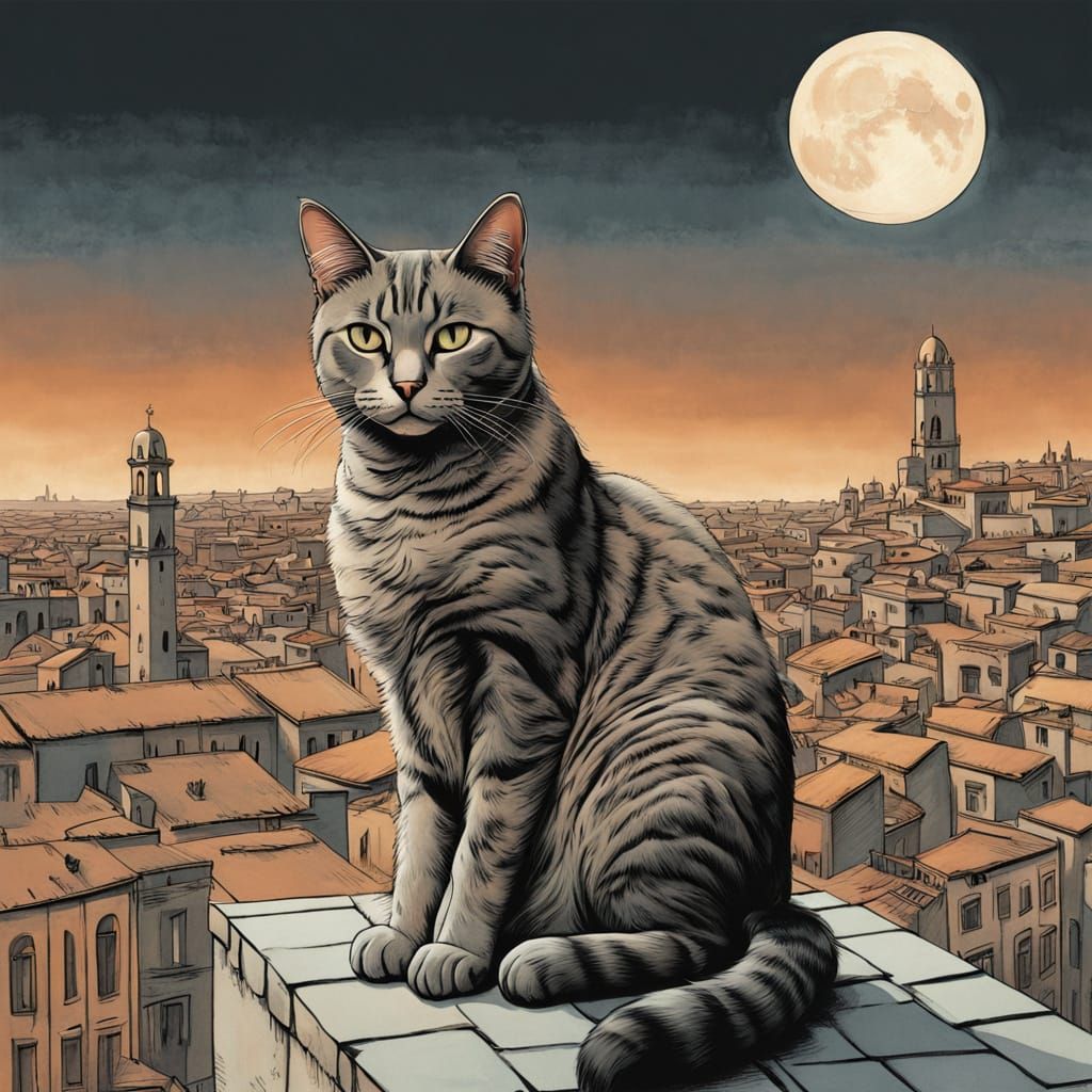 Melancholic Cat on Rooftop in Desolate City