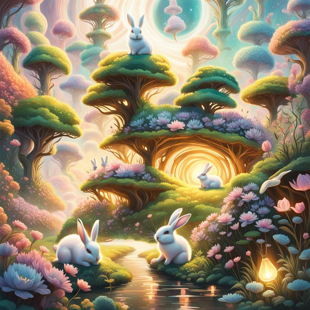 Floating Rabbits in a Dreamy, Ethereal Realm