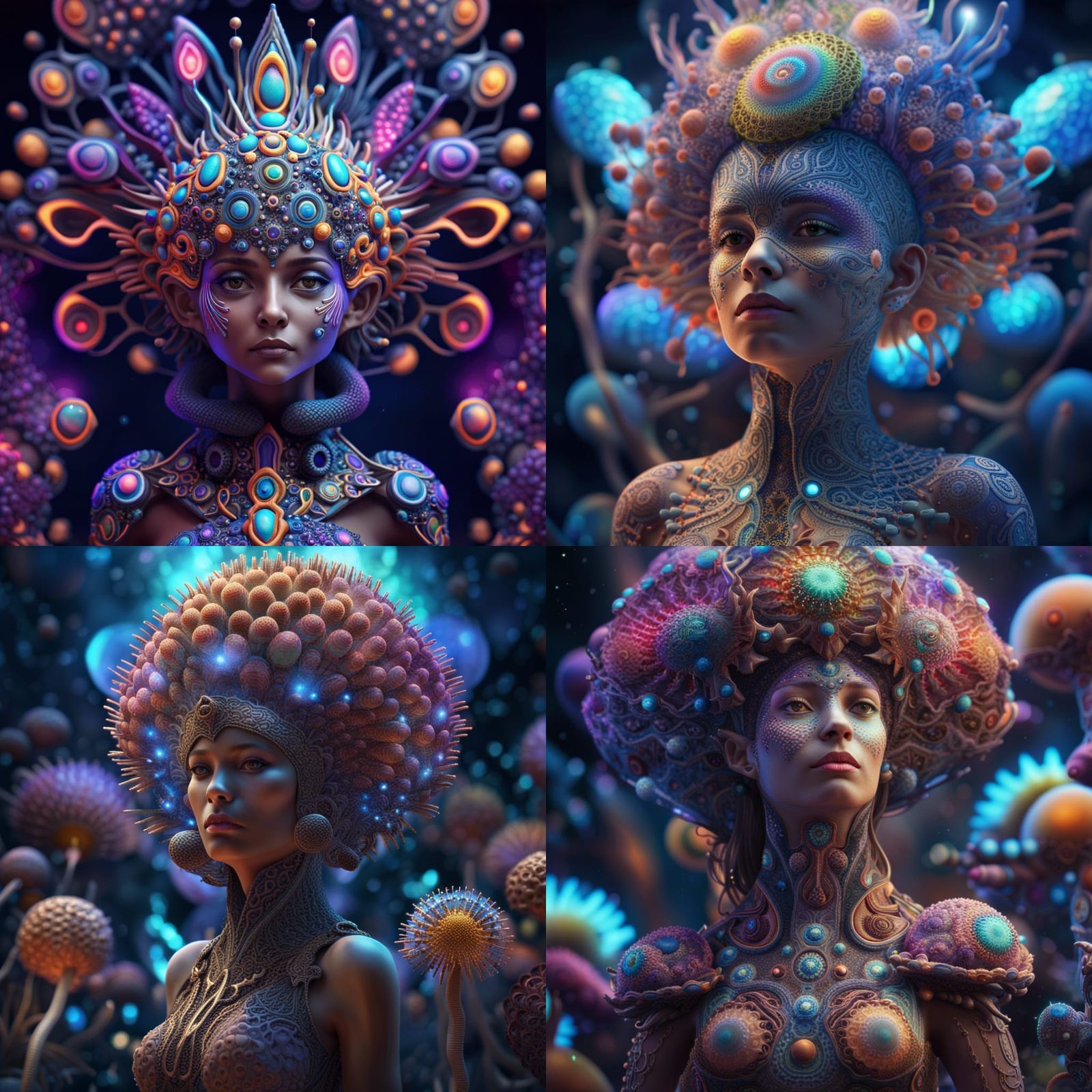Cosmic Spore Goddess in Vibrant, Hyperrealistic Portrait