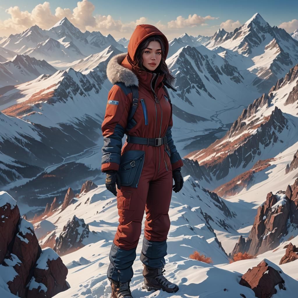 Young Adventurer on Snowy Mountain Peak