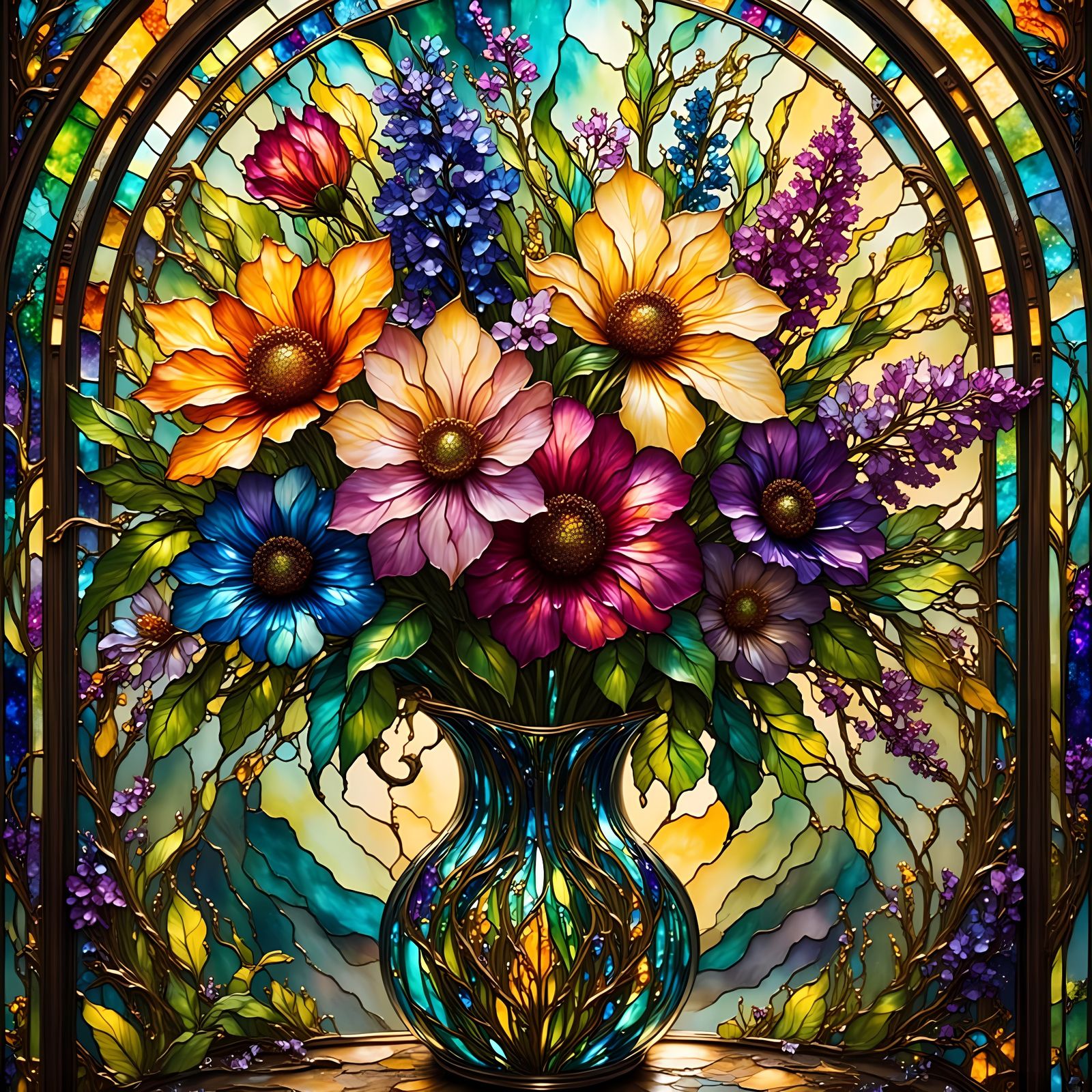 Wildflower Bouquet in Stained Glass Style