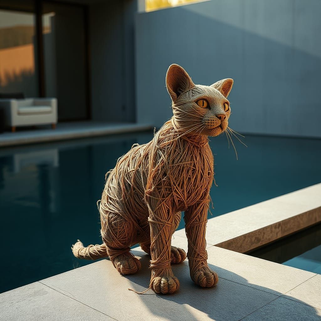 Monumental Jute Cat Sculpture at Pool's Edge