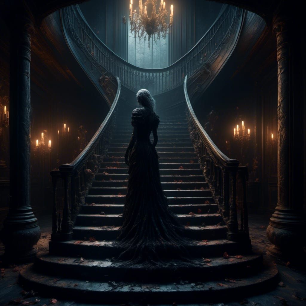 Mysterious Encounter in a Dark Mansion Foyer