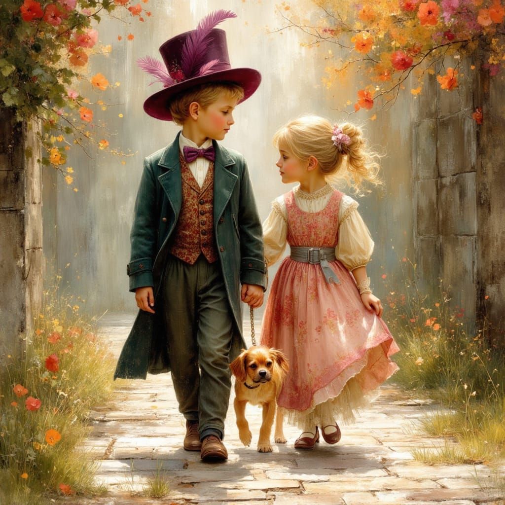 Children and Puppy on Cobblestone Path: Detailed Painting