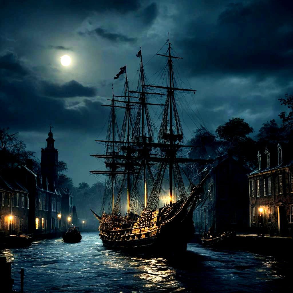 1775 Frigate Approaches Colonial Town at Night