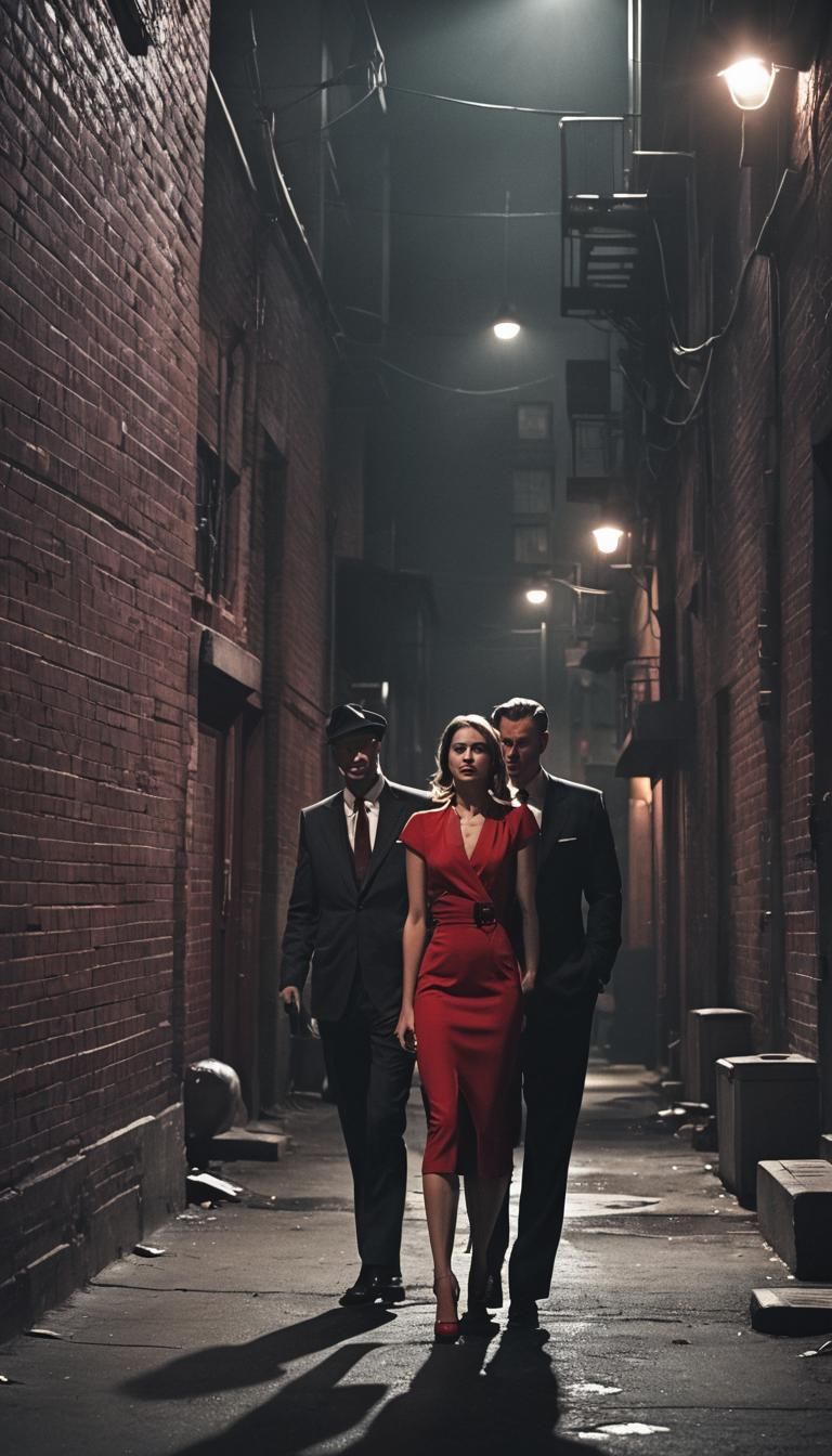 Mafia Man and Girl in Film Noir Alleyway Scene