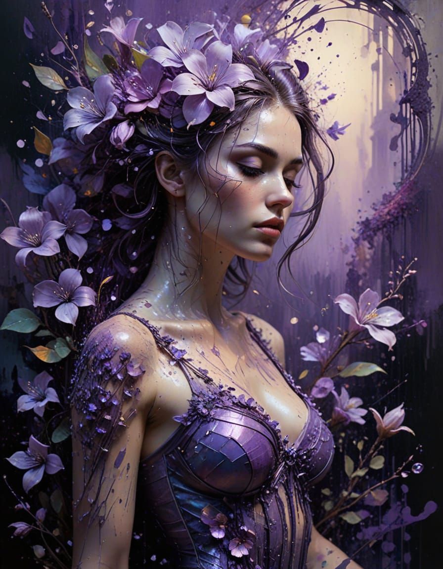 Vibrant Iridescent Lilac Blooms in Grunge-Style Watercolor