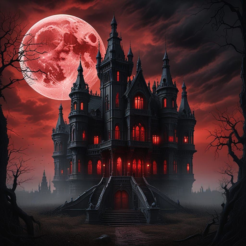 Ominous Gothic Mansion Under a Blood Moon