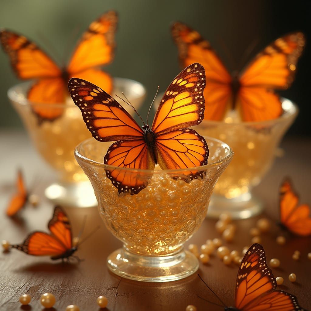 Orange Butterflies With Gold Pearls In Glass Cups