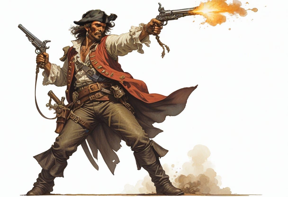 Pirate Hero Firing Flintlock Pistol, Heroic Fantasy Art