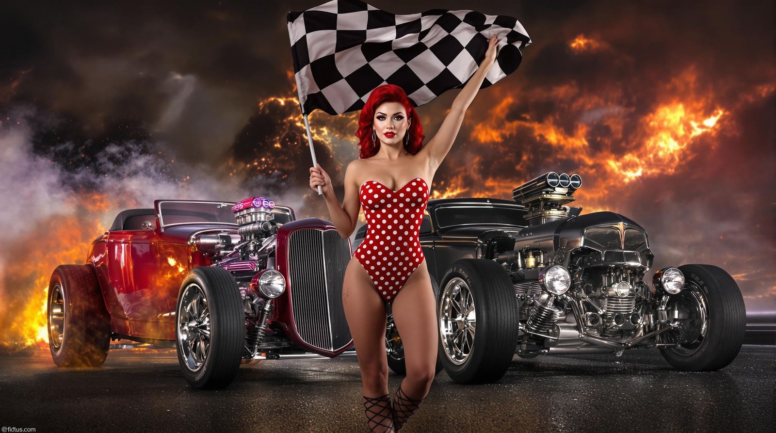 Redhead Pinup Girl Waving Checkered Flag at Retro-Futuristic...