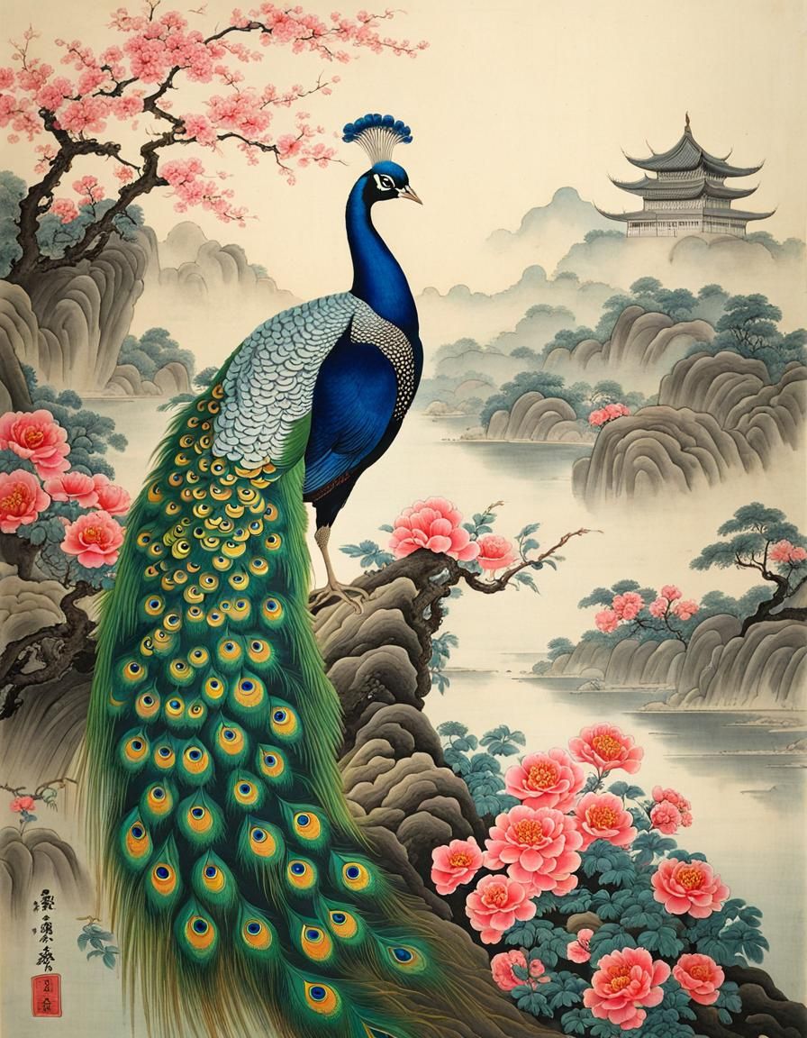 Peacock Flourishes in a Chen Hongshou-Inspired Garden