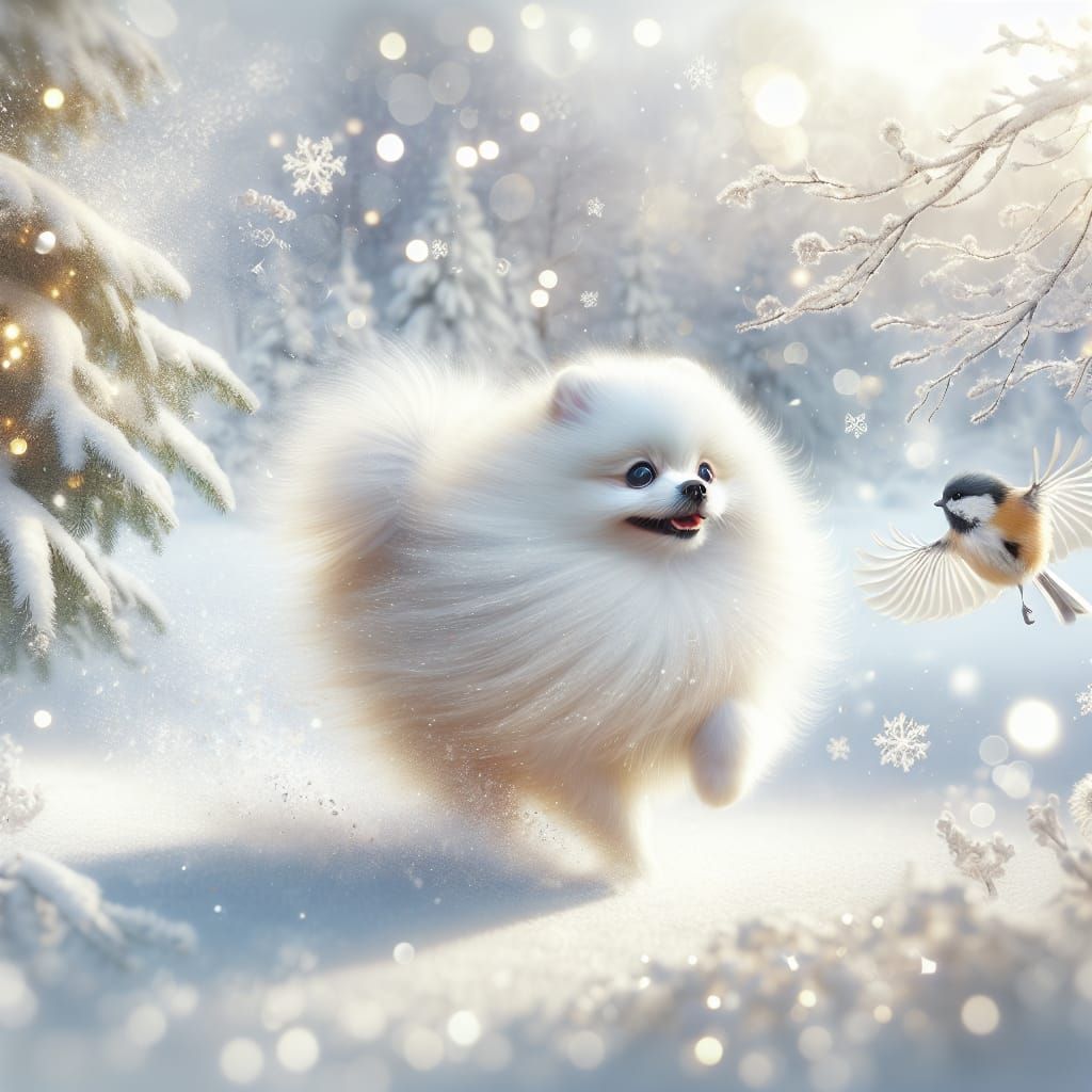 Traditional English Watercolor Winter Scene with Pomeranian...