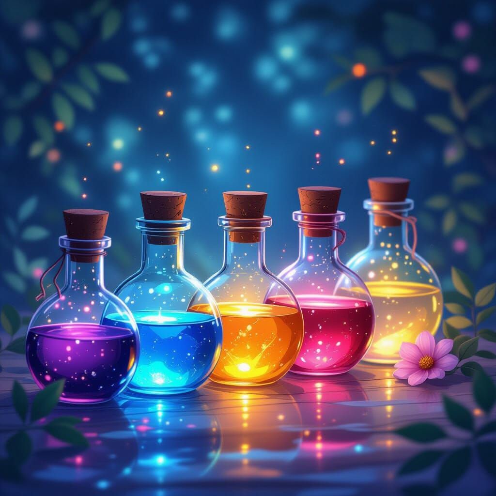 Glowing Potion Bottles in Anime Panorama
