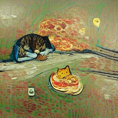 Depressed cat eating pizza Van Gogh