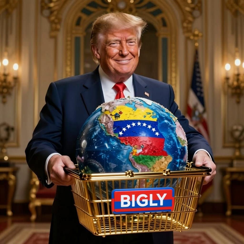 Trump adds Venezuela to his BIGLY™shopping basket.
Greenland is next on the list.
Thank heavens for BIGLY™ baskets!