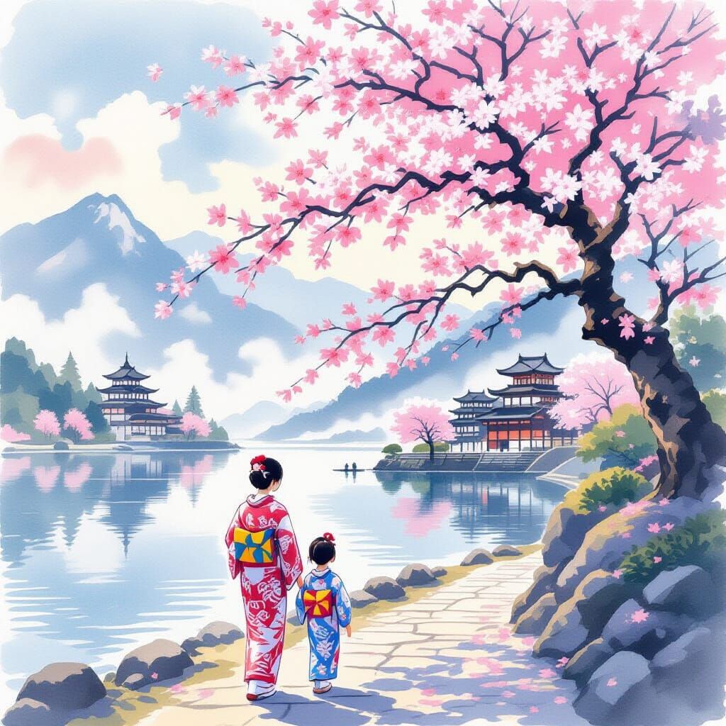 Sakura Tree Scene with Woman and Child in Watercolor Style