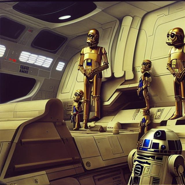 R2D2, C-3PO, and Ewoks on Millennium Falcon