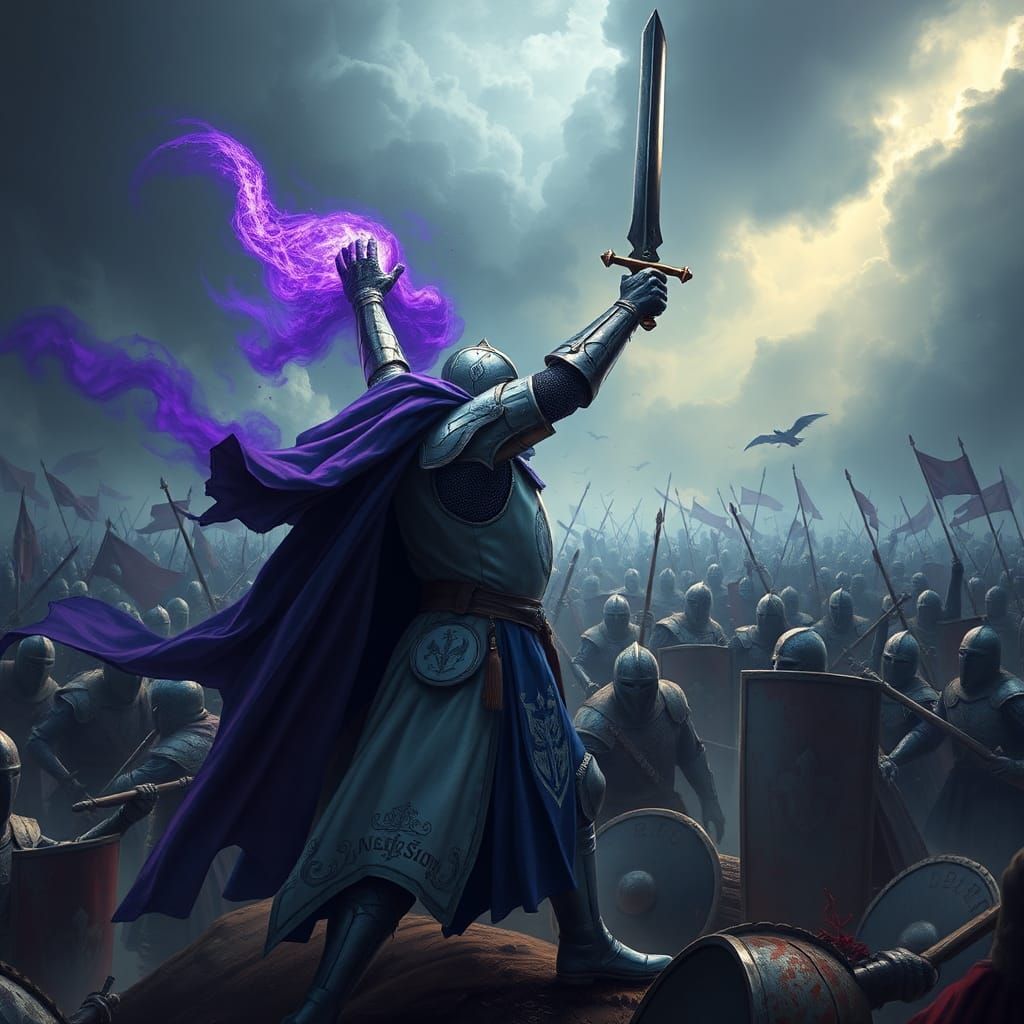 Chivalrous Knight in Epic Battle Amidst Stormy Skies