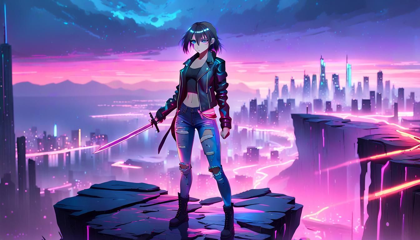 Futuristic Anime Chic in Neon Cityscape