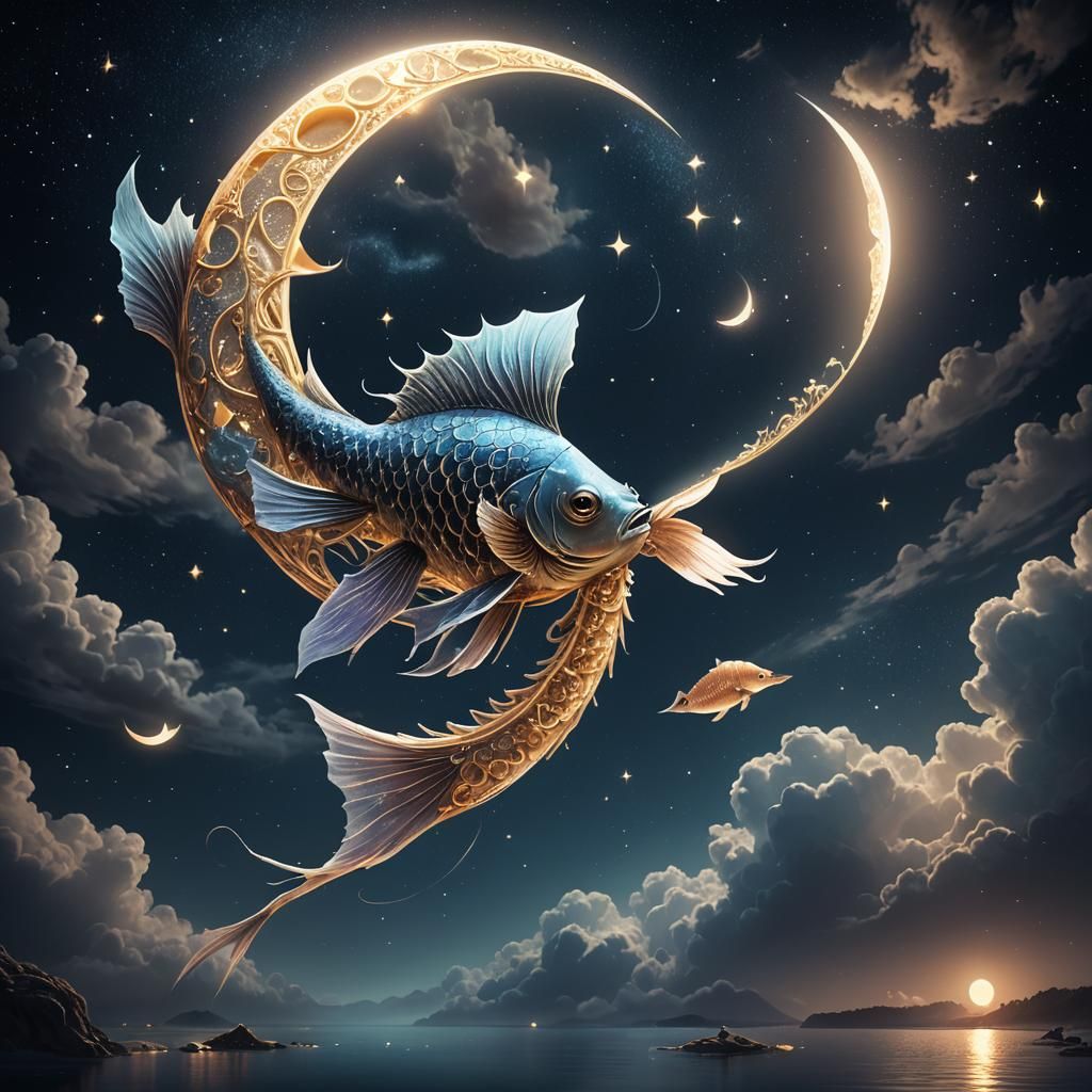 Dreamlike Half-Fish Half-Moon Creature in Ethereal Night Sky