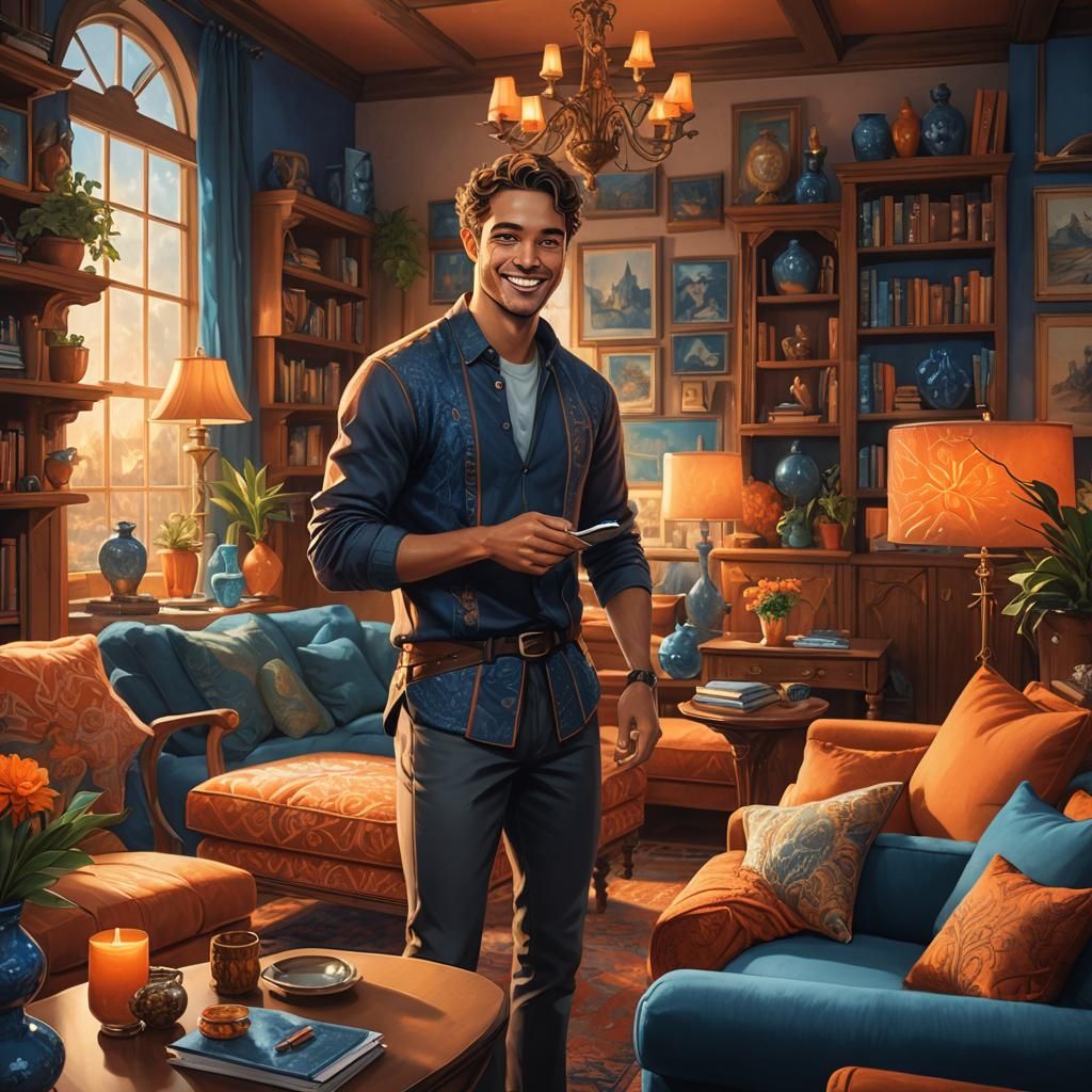 Confident Hero Rearranges Furniture in Cozy Living Room with...