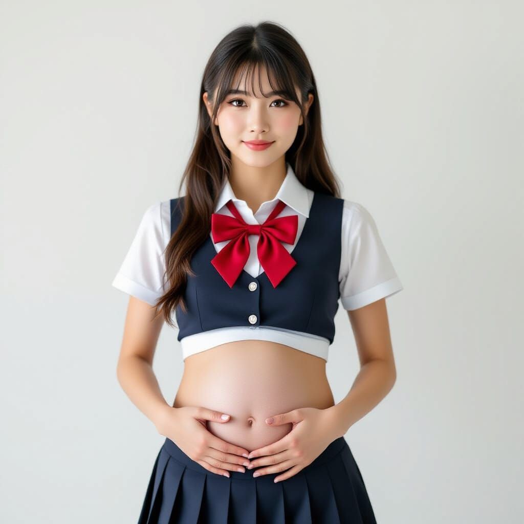 Young Woman in School Uniform with Bare Belly