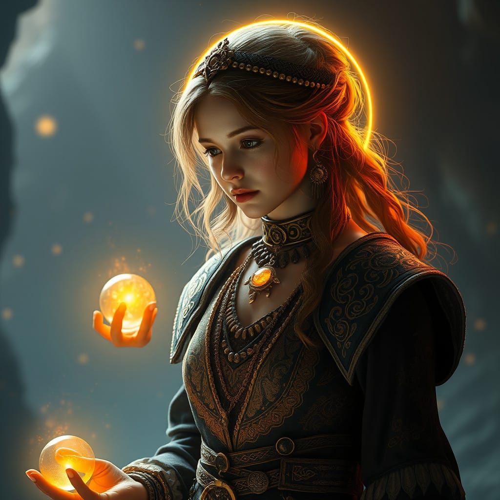 Ethereal Sorceress Collects Magical Orbs in a Dreamlike Real...