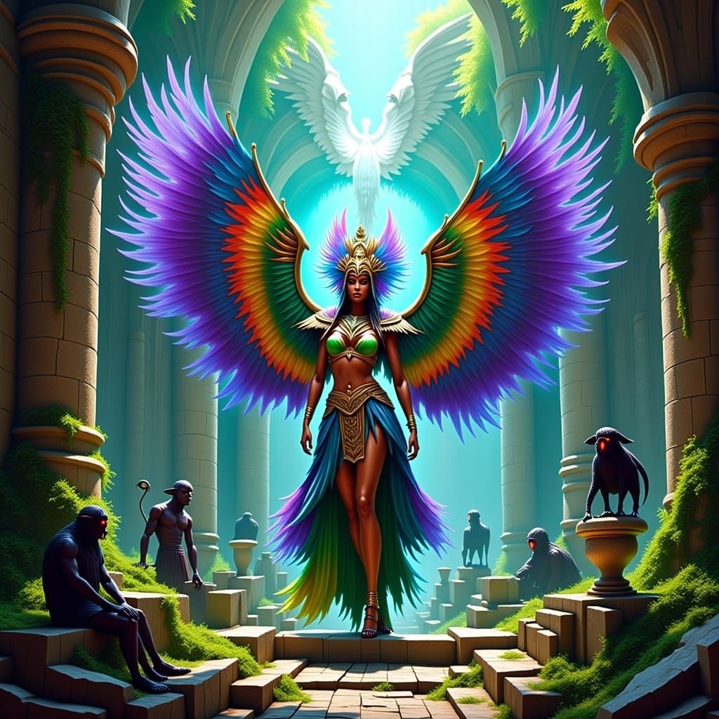 Aztec Warrior Goddess Spreads Wings Amidst Ancient Cathedral...