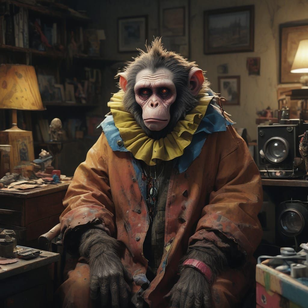 Sorrowful Zombie Monkey Monster Clown in Tattered Coat