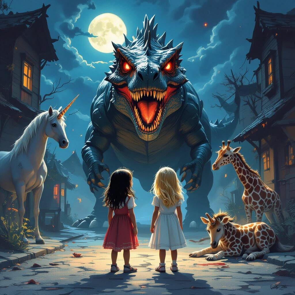 Dinosaur Attacks Girls With Defeated Unicorn and Giraffe