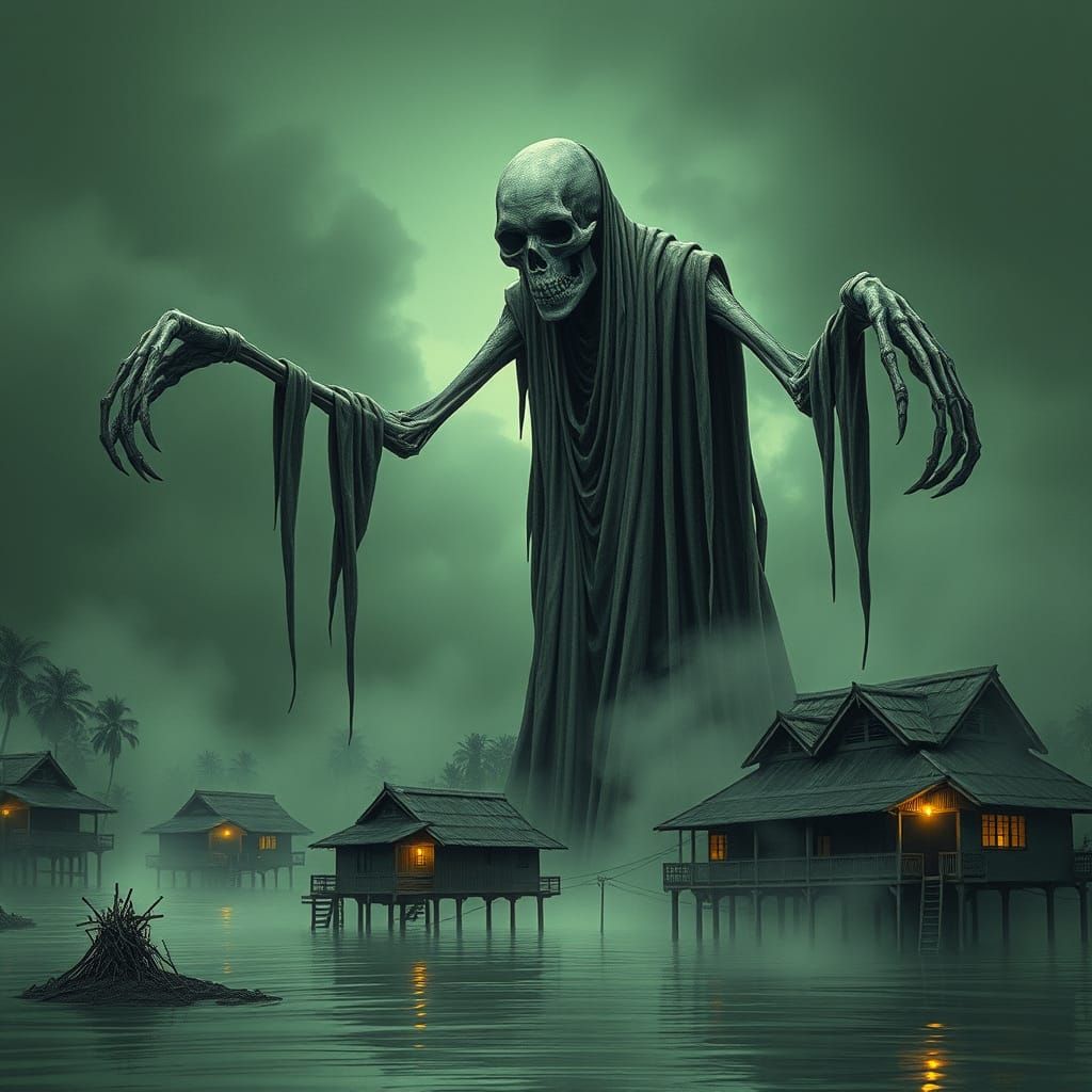 Colossal Thai Ghost Over Flooded Village: Charcoal Drawing