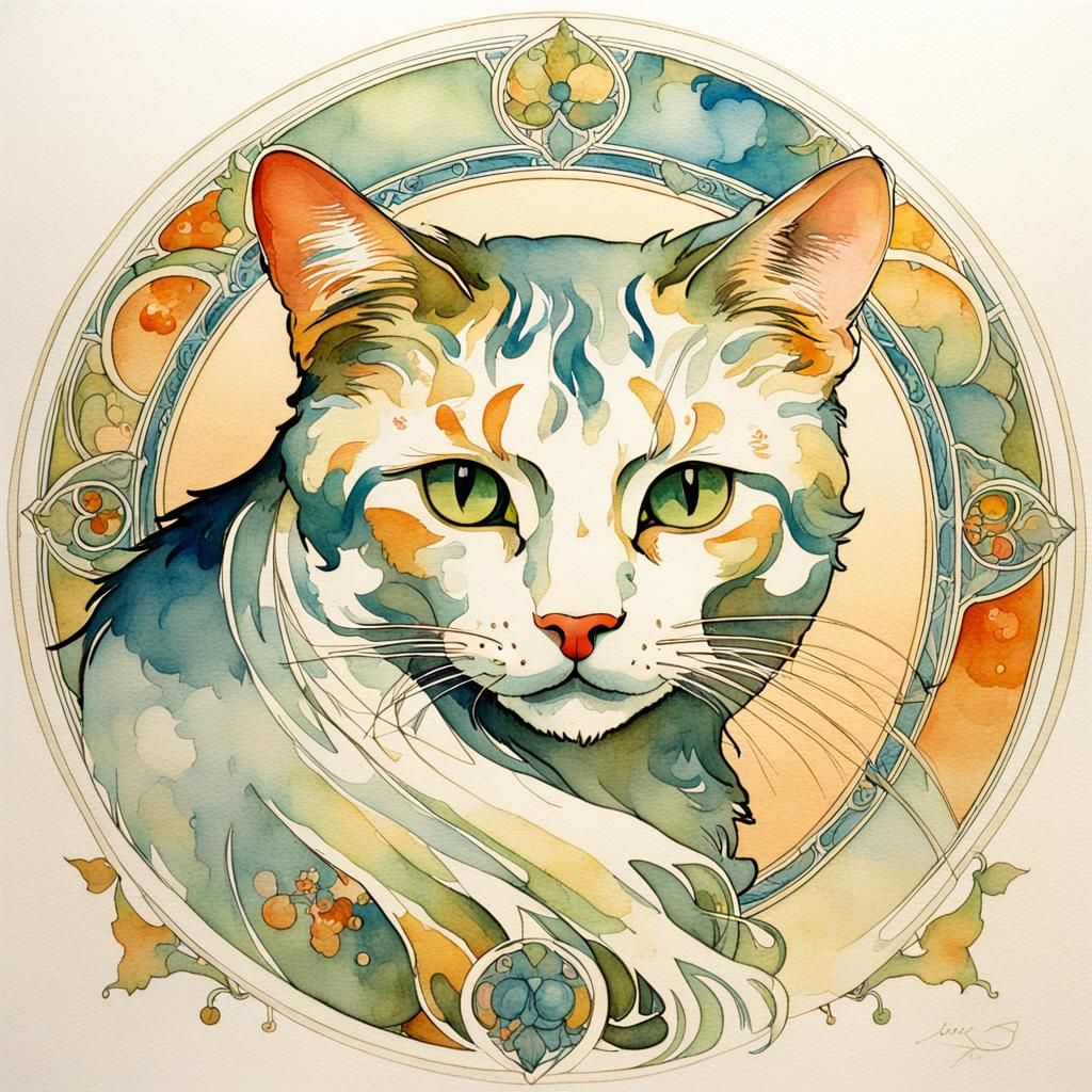 Vibrant Watercolour Feline in Art Nouveau Style