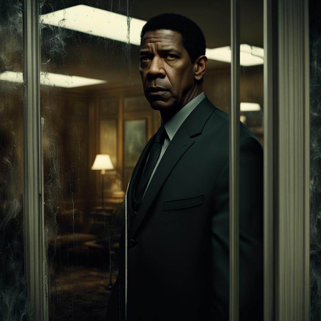 Denzel Washington Amidst Shattered Glass in Dark Cinematic M...