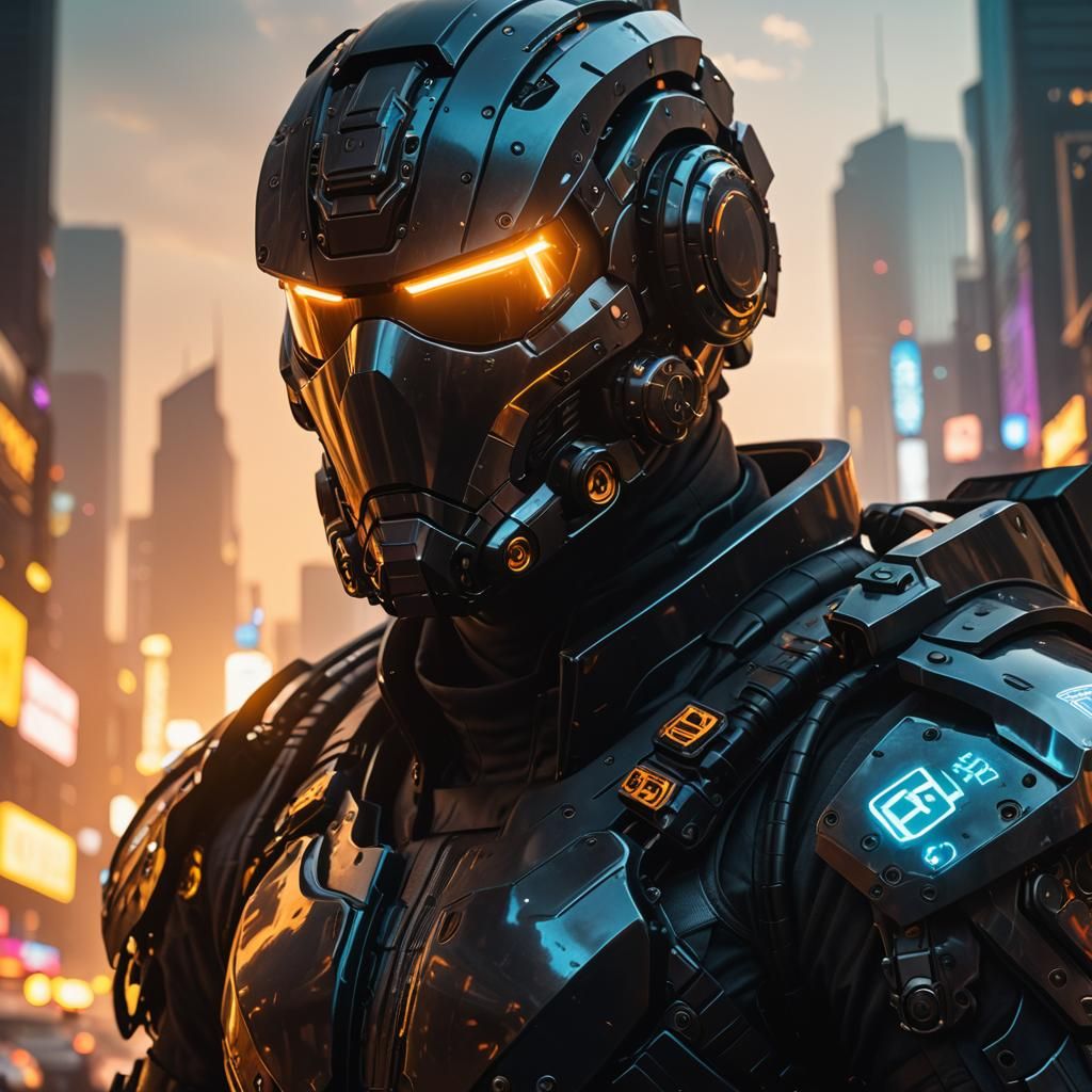 Cybernetic Warrior in Neon Cityscape