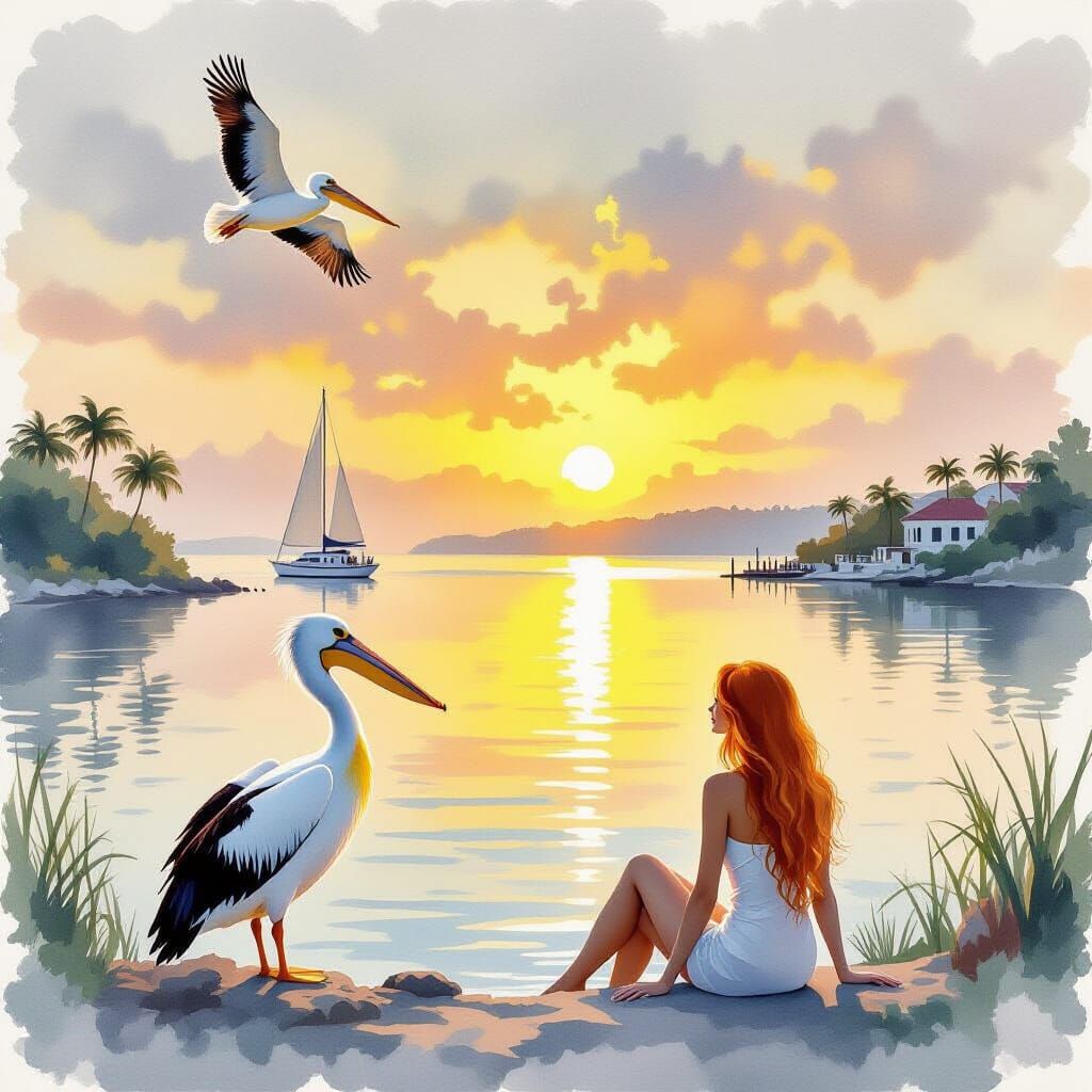 Serene Key West Vista with Pelican in Watercolor Style