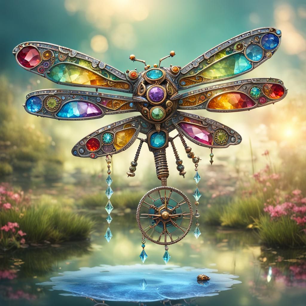 Crystal Dragonfly Soars Over Sparkling Steampunk Pond
