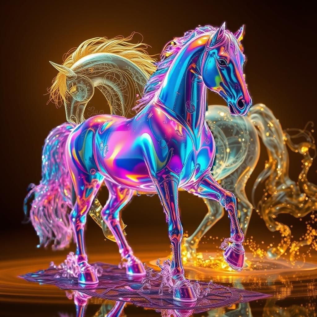 Ethereal Neon Steed Emerging from Aqueous Depths