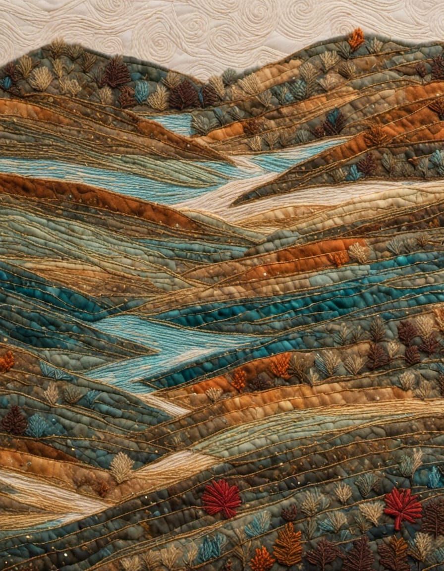 Quilted Tundra Landscape with Impasto Details and Woven Text...
