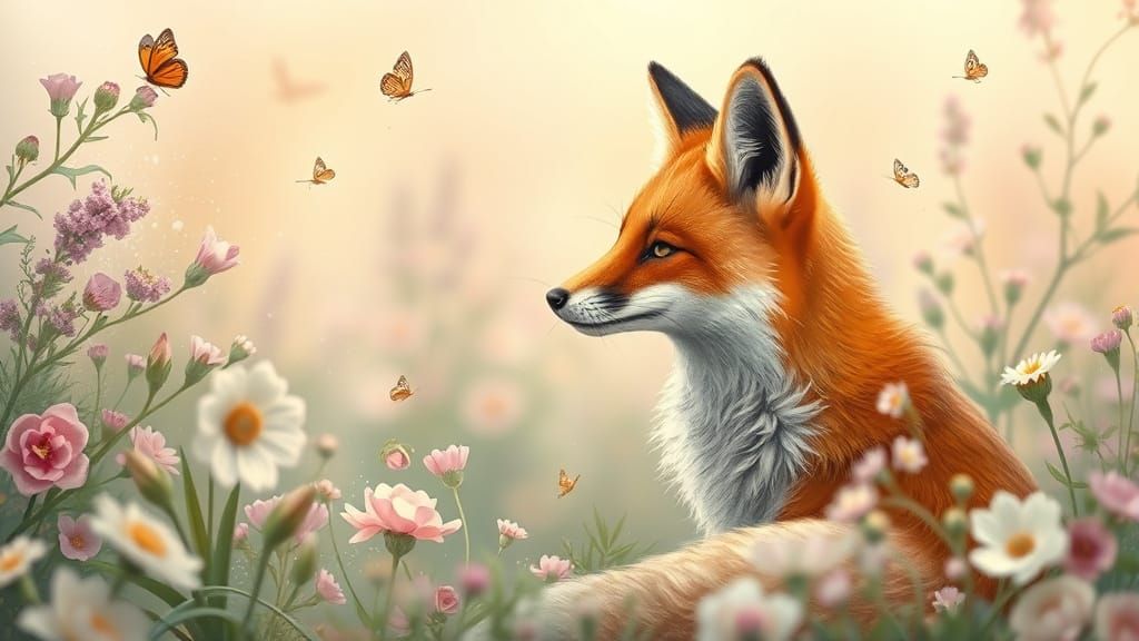 Fox in Vintage Garden in Art Nouveau Style