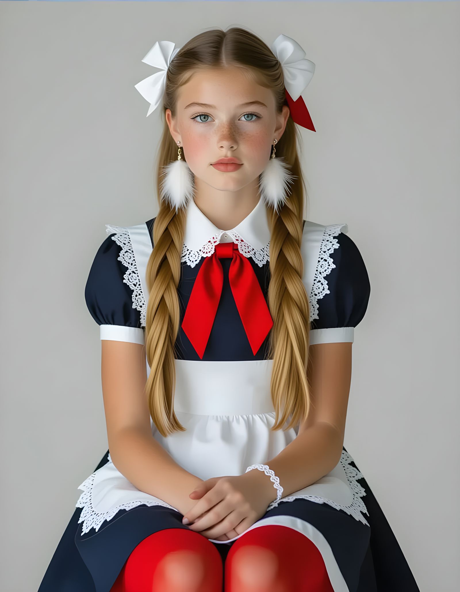 Schoolgirl Portrait with Lace Apron and Red Tie