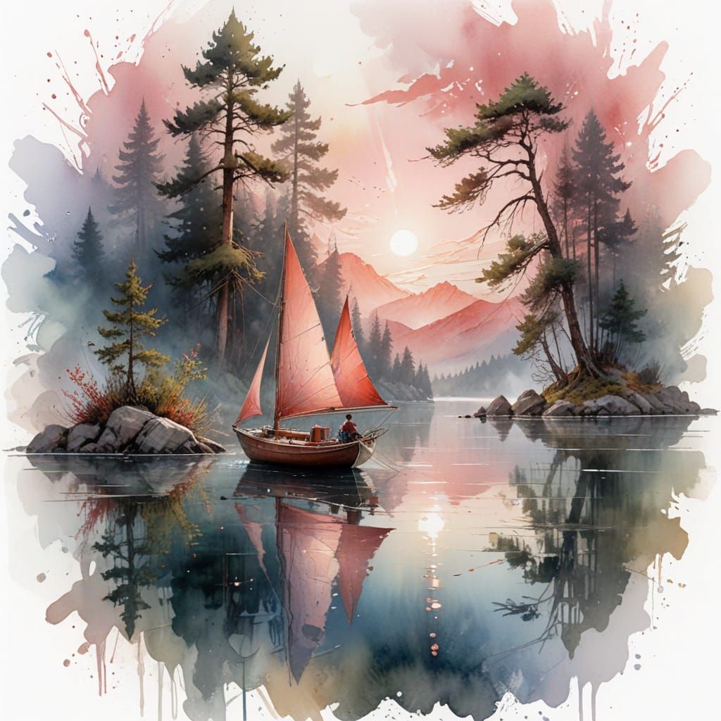 Sailboat on Alpine Lake at Dawn Watercolor