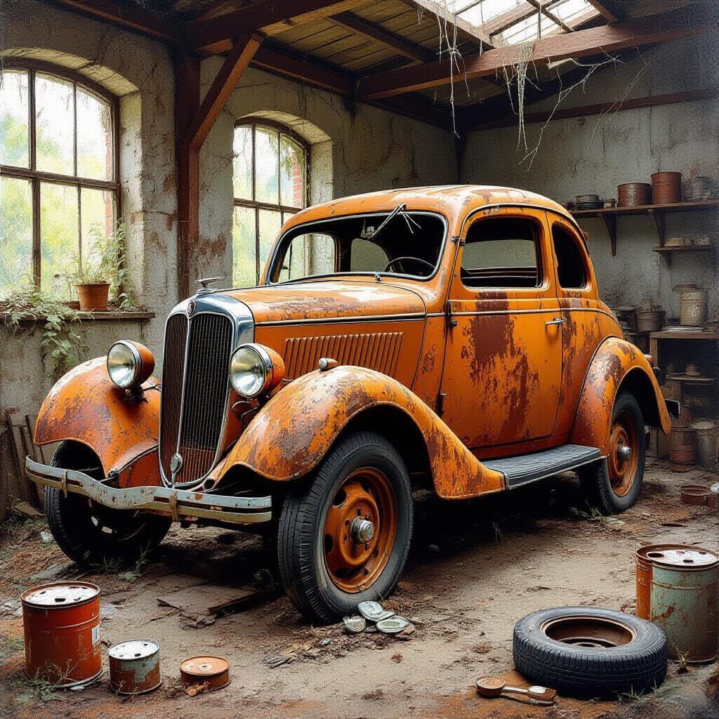 Rusty 1930s Fiat Balilla in Abandoned Workshop
