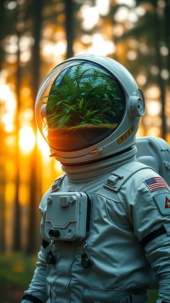 Surrealism in Space: Close-Up of Glass Helmet with Lush Terr...