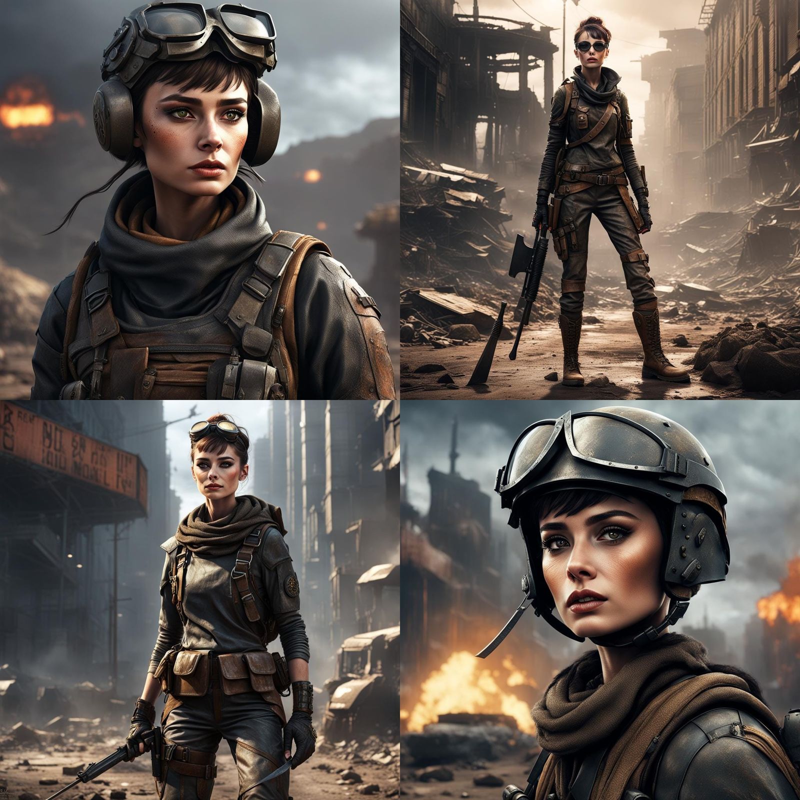 Young Audrey Hepburn in a post apocalyptic world, wearing apocalyptic clothing, boots, a apocalyptic and glamorous makeu...