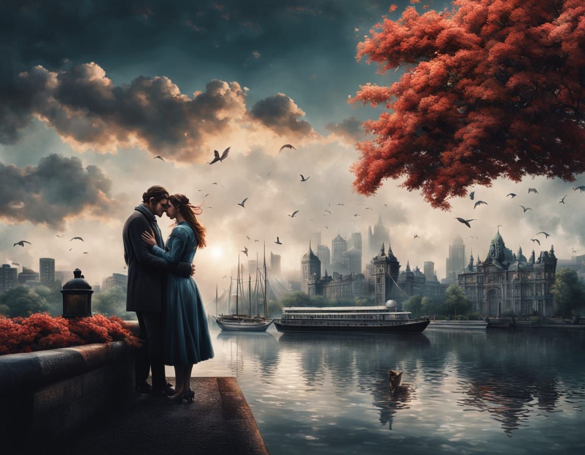 Ethereal Lovers in Cityscape Bliss