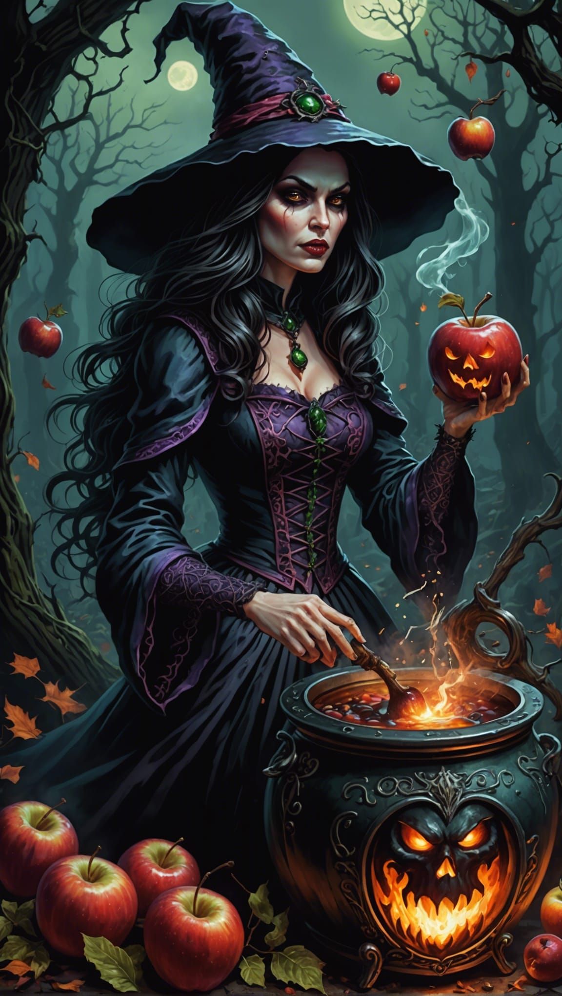 A Dark Fairy Tale Scene of a Sinister Witch Brewing a Poison...