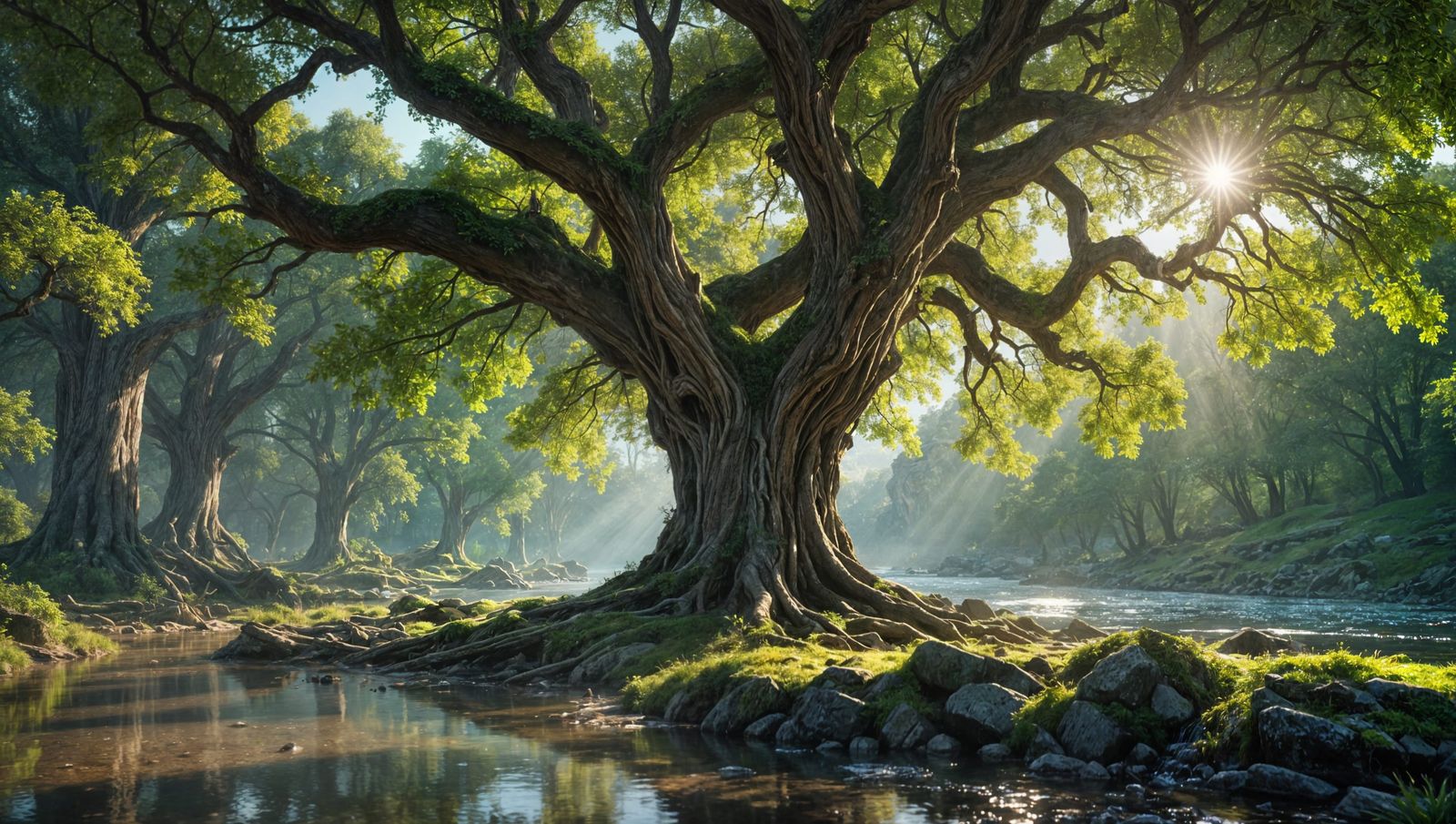 Ancient Trees Amidst Triadic Radiance